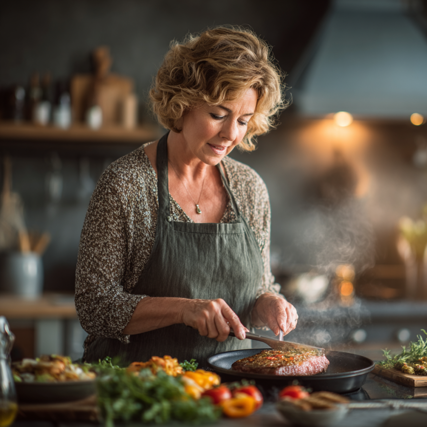 Літня жінка готує здорову їжу у власній кухні з усмішкою